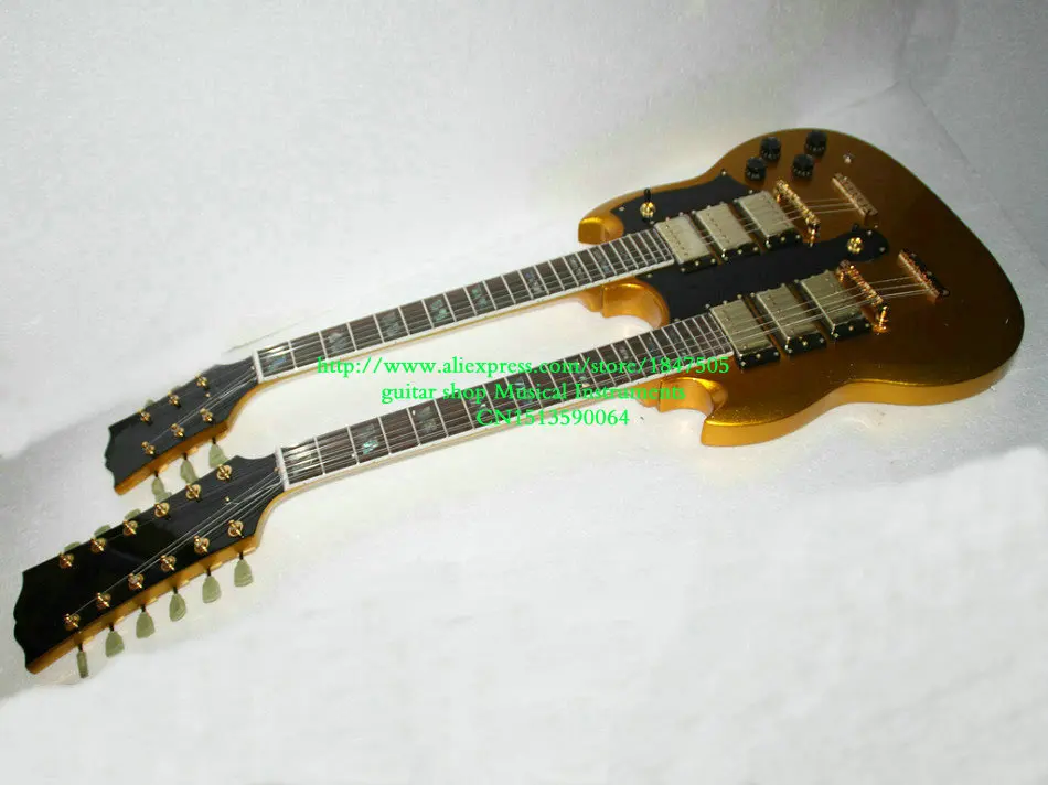 

Wholesale Guitars Gold top 3 Pickups Double Neck Electric Guitar Abalone Inlay Fingerboard