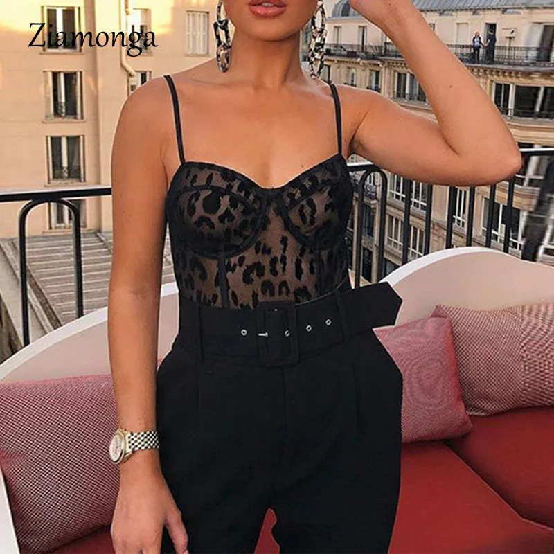 

Ziamonga Women Black Mesh Bodysuit Summer Casual Party Sleeveless Bodycon Sheath Leopard Printed Sexy Club Bodysuit Women Female