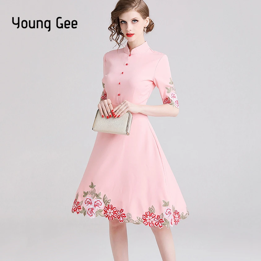 

Young Gee Women Elegant Pink Embroidery Floral Dress Fashion Designer Vintage Mandarin Collar Knee-length Party Vestidos robe