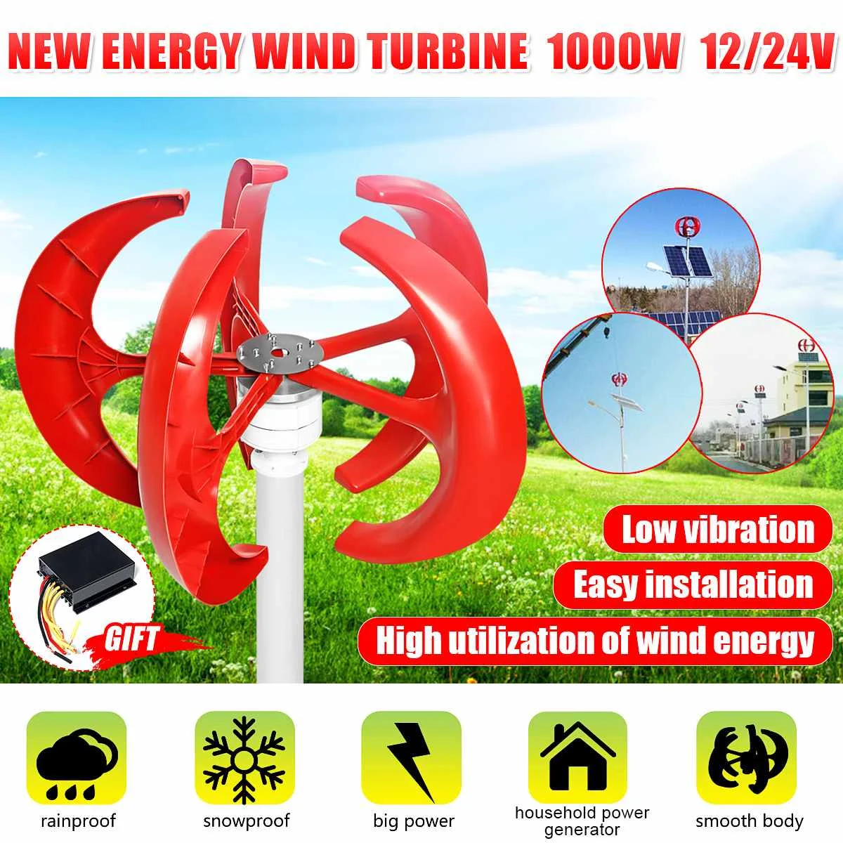 

1000W 5 Blades Vertical Axis Wind Turbines Generator Lantern 12V 24V Motor Kit Electromagnetic For Home Hybrid Streetlight Use
