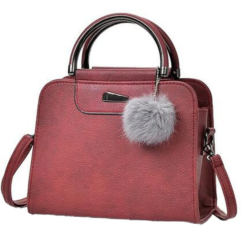 Женские кожаные сумки, модные однотонные сумки с помпонами, простой дизайн, сумка через плечо, женская сумка-мессенджер, Набор сумок