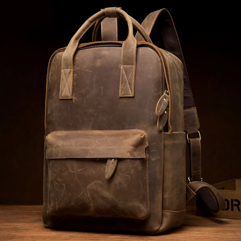 Men's Or Women Genuine Leather Backpack Multifunction Handmade Daypack Vintage Schoolbag Backpack Shoulder Bag Casual Rucksack