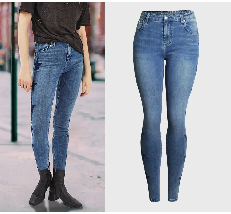 Для женщин узор Джинсы для женщин 2017 осень-зима тонкий стрейч звезда вышитые синий джинсовые узкие брюки хлопок Повседневное длинные