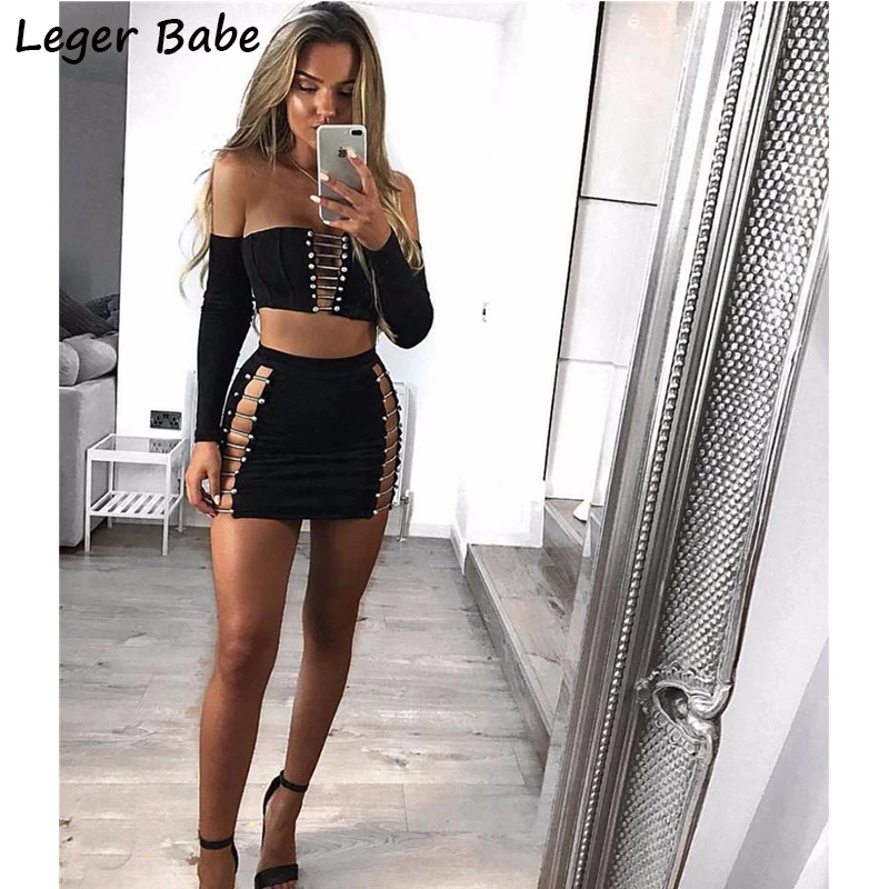 

Leger Babe Fashion Sexy Women Outfit Metal Studded Cutout Button Off Shoulder Long Sleeve Mini Black Bandage Two Piece Dress Set