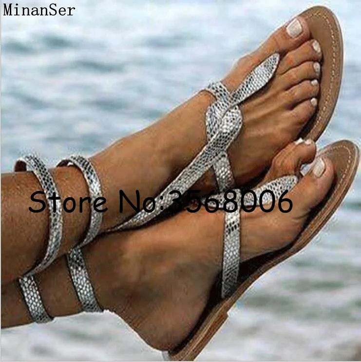 

Hot Sale Women Snake shaped Cross Leg Sandals Clip-toe Lady Gladiator Designed Flats Sandals Gold Silver Rome Flip-flops Shoes