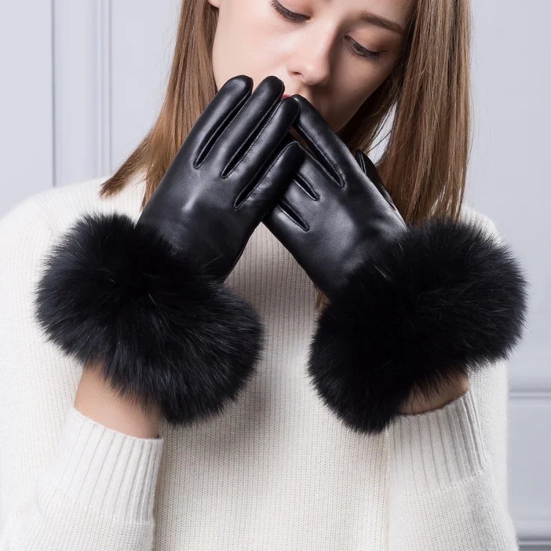 

YY8896 LUXURY Women Genuine Leather Real Big Fox Fur Gloves Lady Branded Designer Winter Warm Black Short Fulfinger Suede Luvas