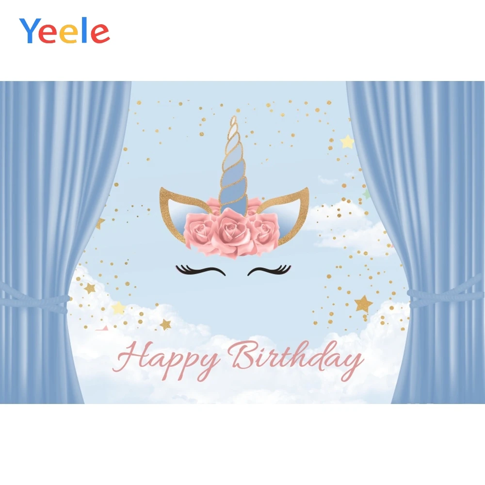 

Yeele Blue Curtain Unicorn Golden Star Point Birthday Photography Backgrounds Customized Photographic Backdrops for Photo Studio