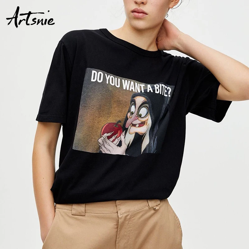 

Artsnie letter cartoon casual women t shirt summer 2019 o neck short sleeve black knitted top tees streetwear girls t-shirt