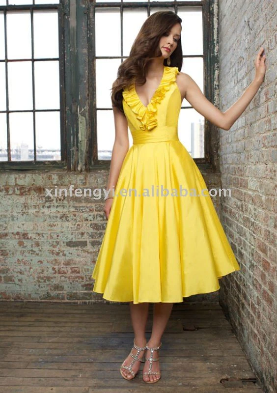 yellow tea length bridesmaid dresses