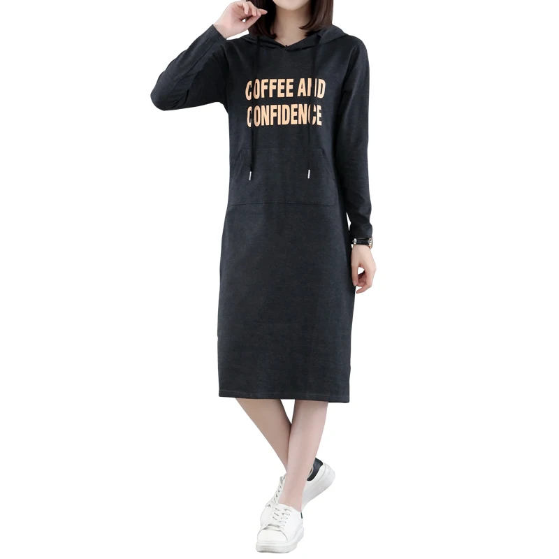 

2018 Autumn Maxi Hoody Sweatshirt Dress Long Sleeve Pocket Women Hoodies dresses oversized Letters Print large Size 4XL Clothes