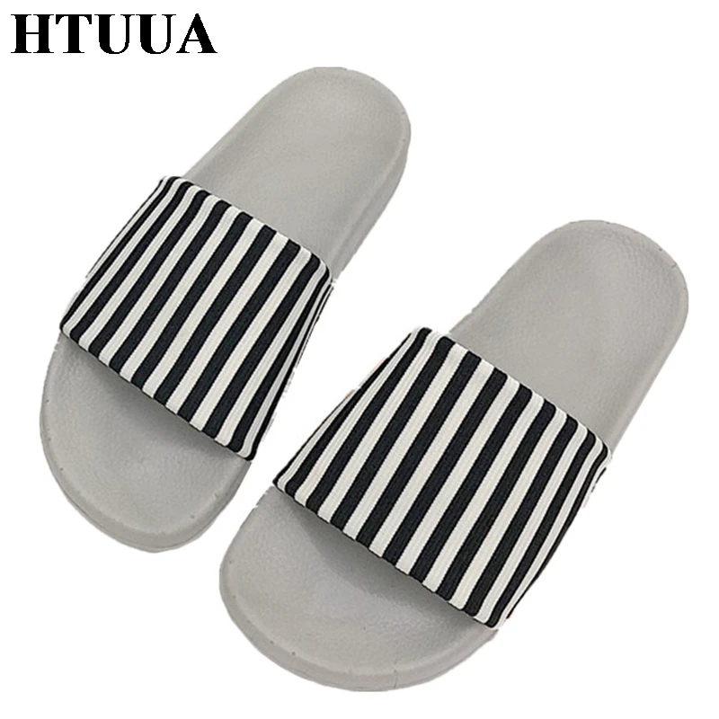 

HTUUA New 2018 Summer Outdoor Flat Slides Women Stripe Slippers Fashion Casual Beach Flip Flops Sandals Chic Summer Shoes SX1551