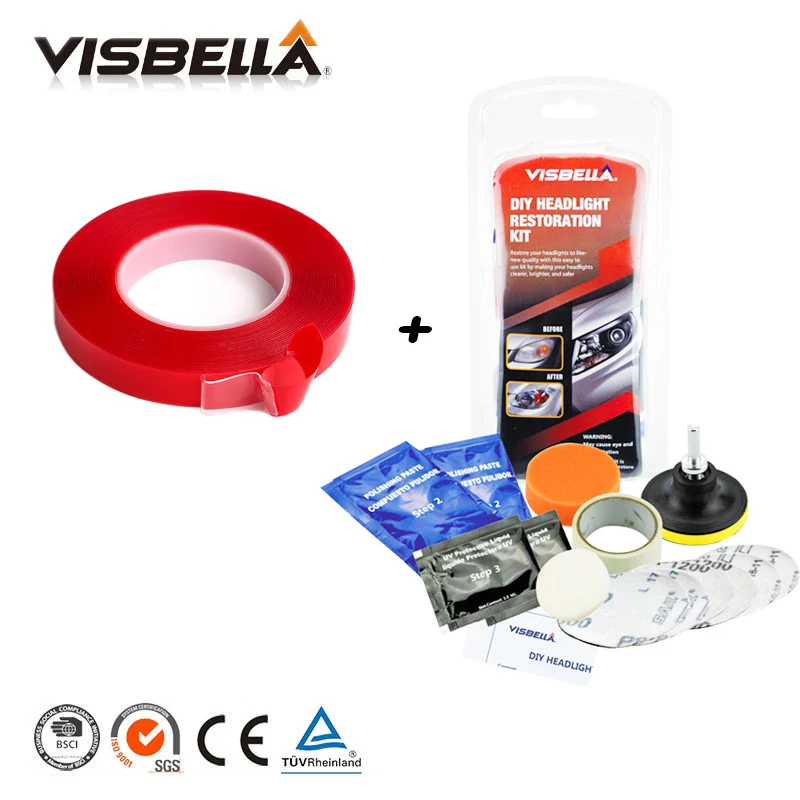 

3m Red Double Sided Adhesive Tape High Strength Acrylic Sticker 4 Size and Headlamp Restoration Kit for Car-styling light Clean
