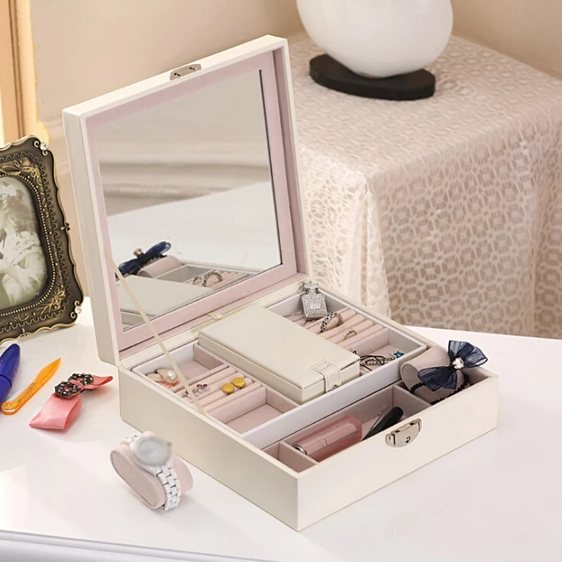 

Square Jewelry Storage Box Rings Bracelet Leather Jewelry Organizer Display Makeup Storage Drawers Box Case with Mirror