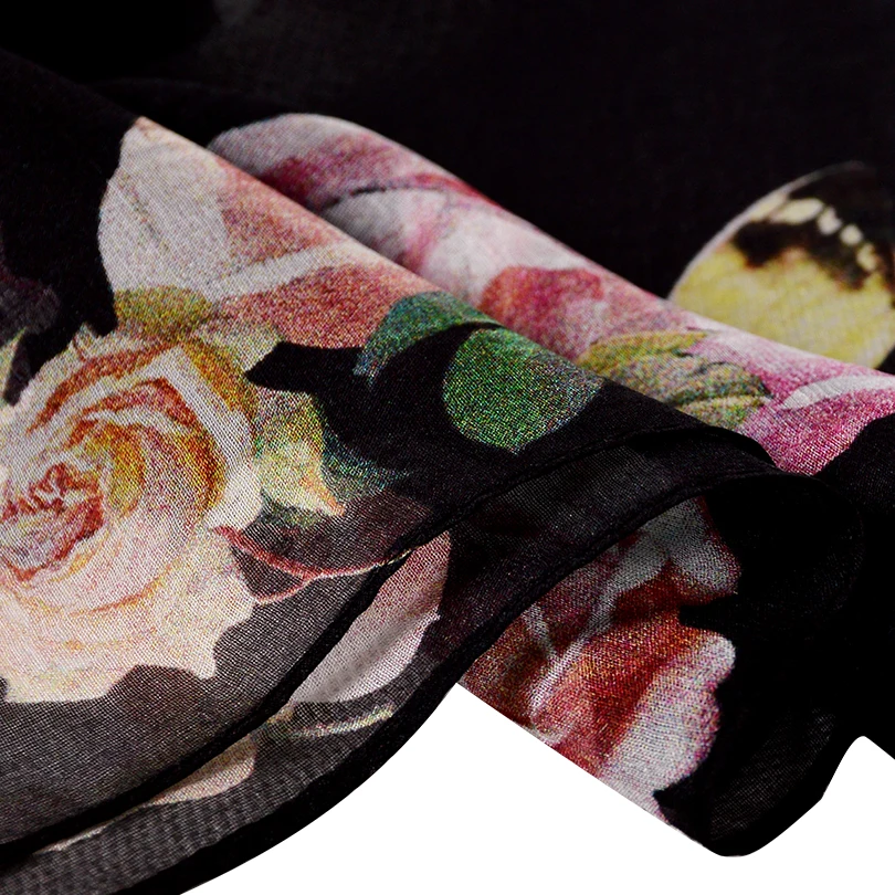 [BYSIFA] Черные Розы Шелковый шарф шаль для женщин Весна Осень цветочный дизайн длинные шарфы бренд шарф платок 180*110 см
