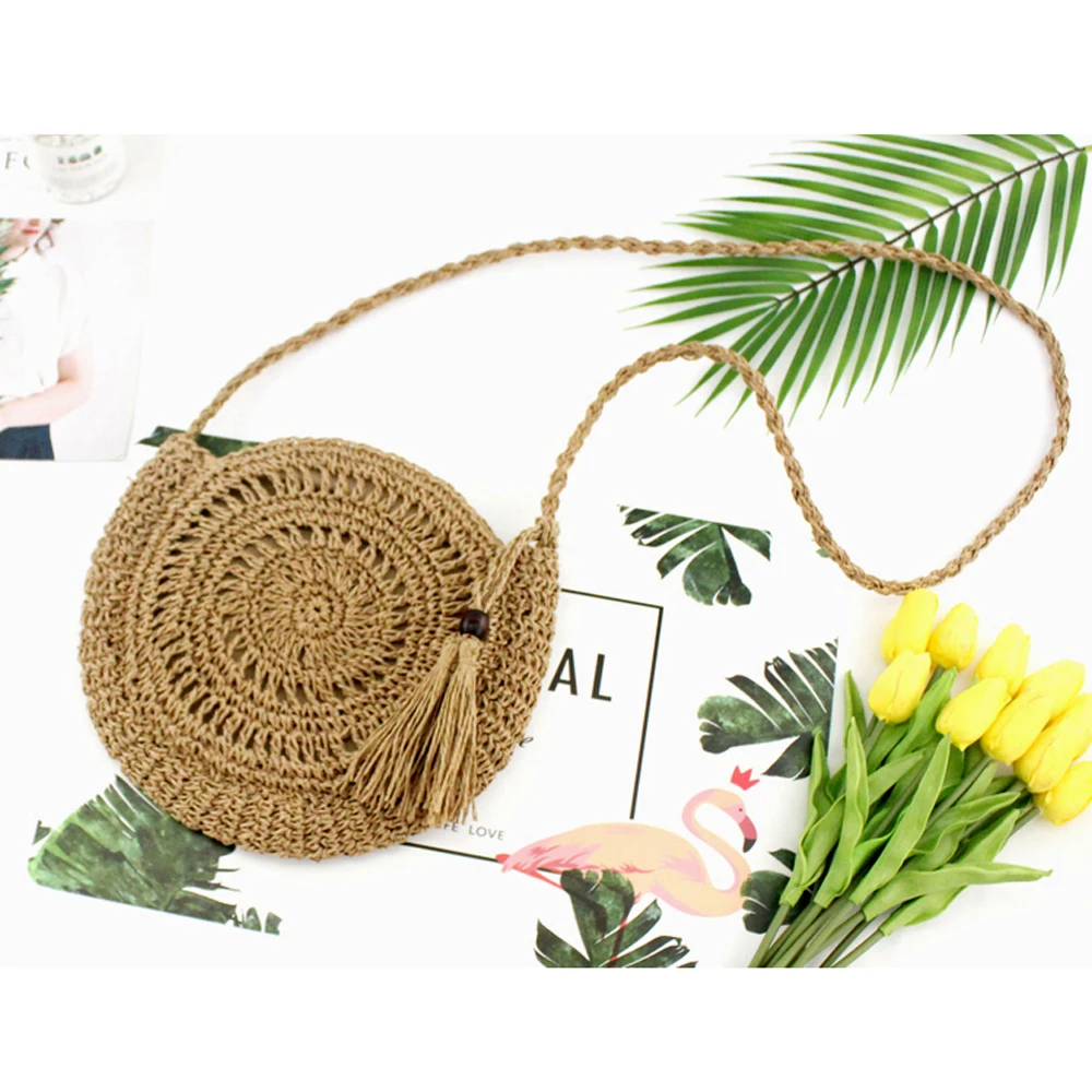 Women Straw Shoulder Bag Beach Style Round Handbag Vintage Tassel Messenger Purse