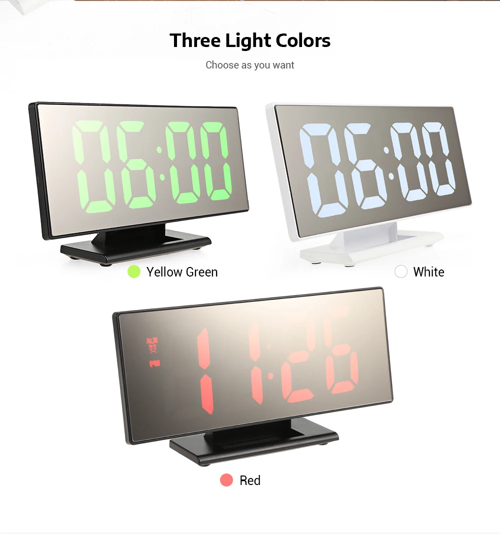Digital Mirror Surface Alarm Clock with Large LED Display USB Port for Bedroom