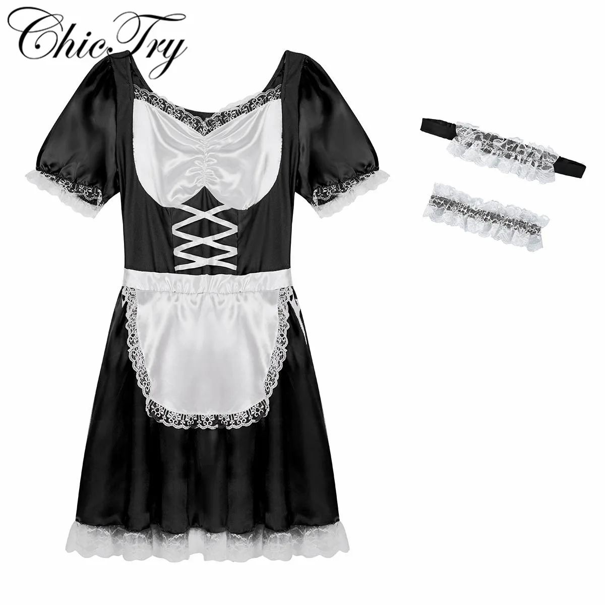 Sissy Mens Satin Lace French Maid Uniform Fancy Dress Cosplay Costume Outfit Set