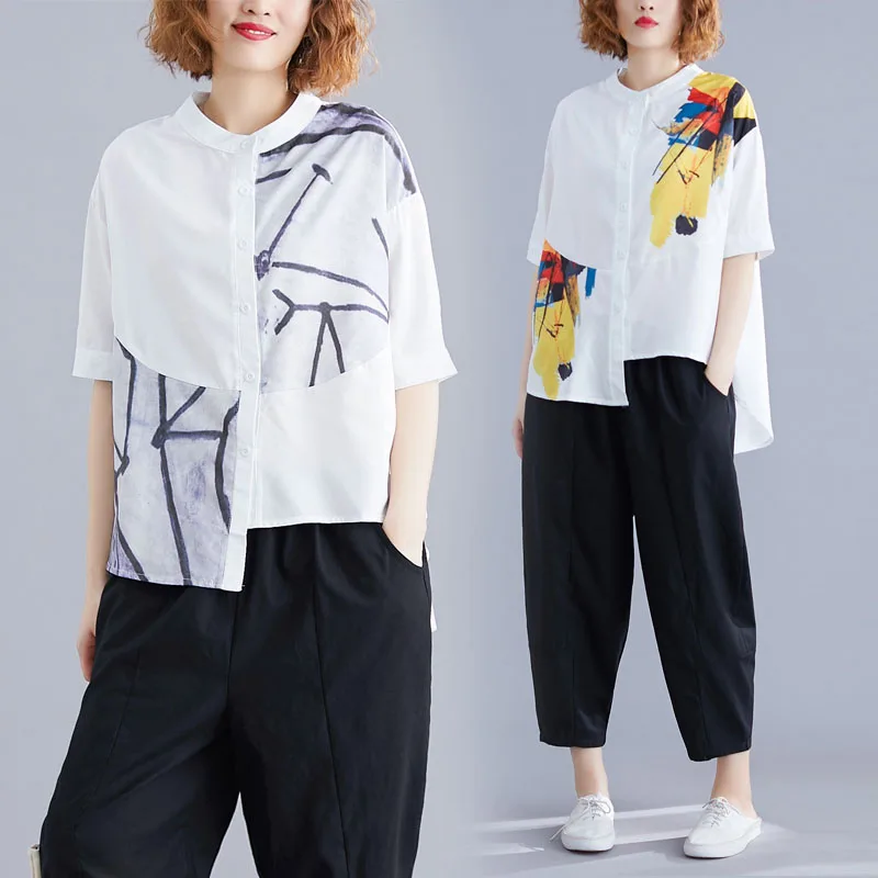 

Plus Size Short Sleeve Asymmetrical Irregular Shirt Women Loose Streetwear Clothes Printed Stand Collar Literary Blouses Tops