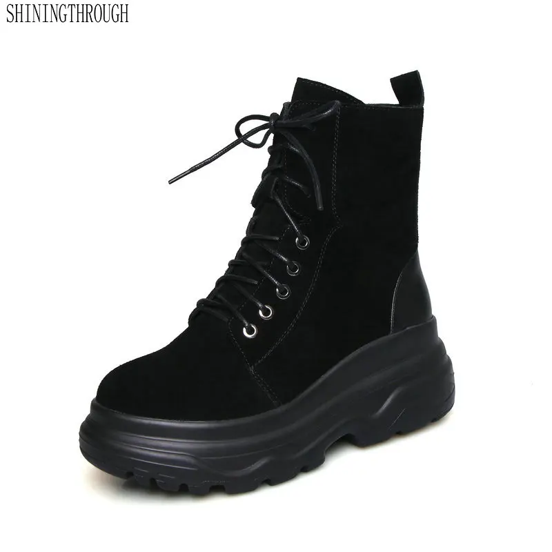 

women genuine leather ankle boot high wedges heels platform ladies boots thick high heel shoes woman 2019 New fashion