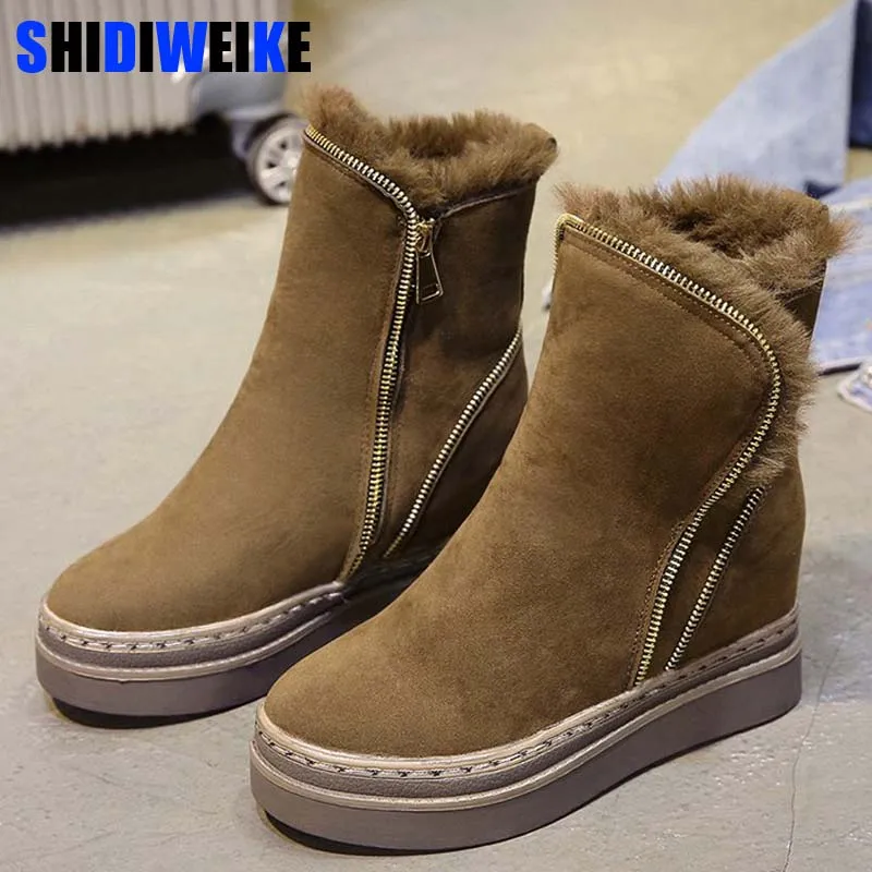 

Woman Boots Platform Winter Warm Fur Snow Boots Wedge 2019 Faux Suede Leather Snowboots Zipper Ankle Boots Winter Shoes n475