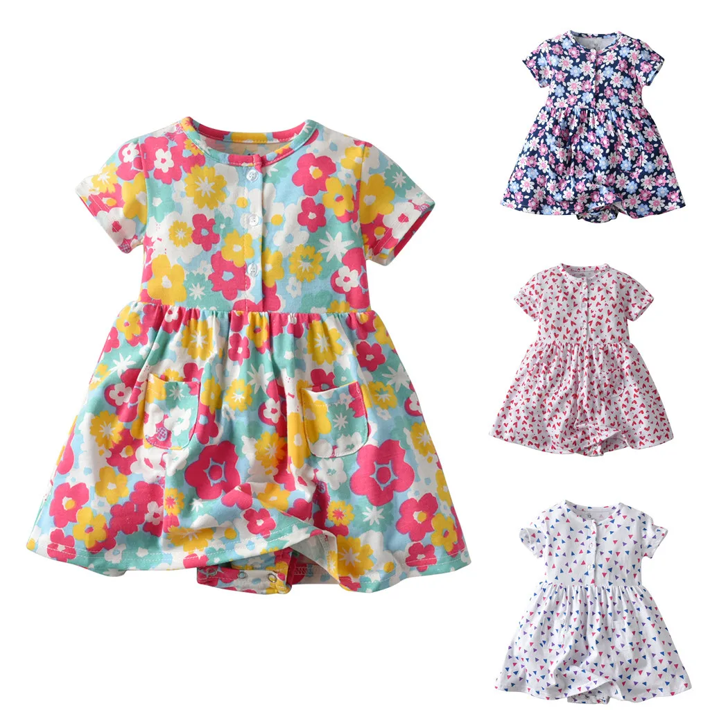 

Toddler Kid Baby Girl Short Sleeve Button Floral Print Dress Princess Romper Dresses Clothes Lovely Dot Print Princess Dress