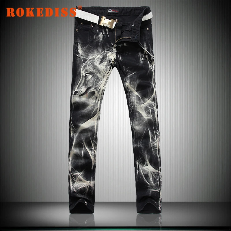 Spring summer mens jeans New Men s clothing printing Elasticity Slim straight Flower pants Nightclub fake