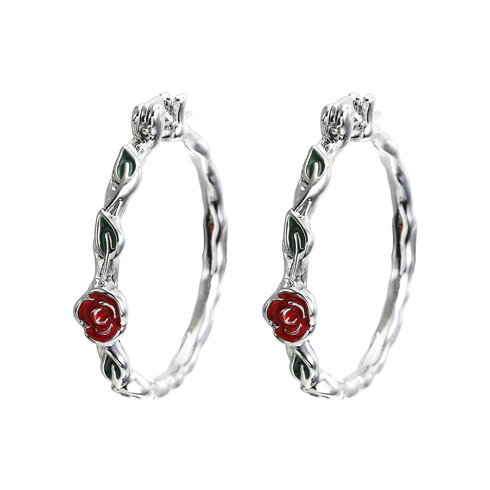 

New Popular Big Circle Earrings Rose Branch Shape Silver Color Statement Hoop Earring for Women Engagement Gift Fashion Jewelry