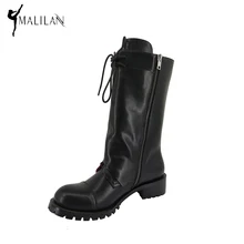 MALINAN Brand Fashion Handmade Riding Boots Soft Leather Gothic Boots Long Motorcycle Chunky Low Heel Womens Boots Winter 2016