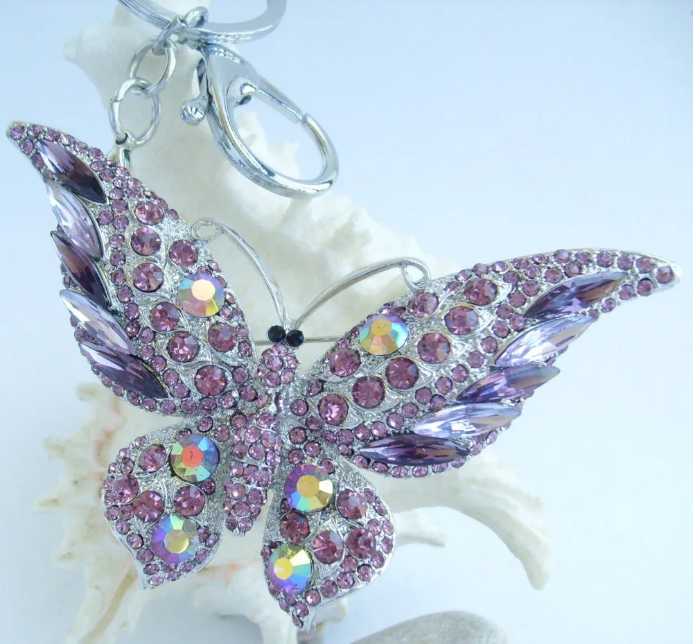 Beautiful Butterfly Keychain Pendant Purple Rhinestone Crystal