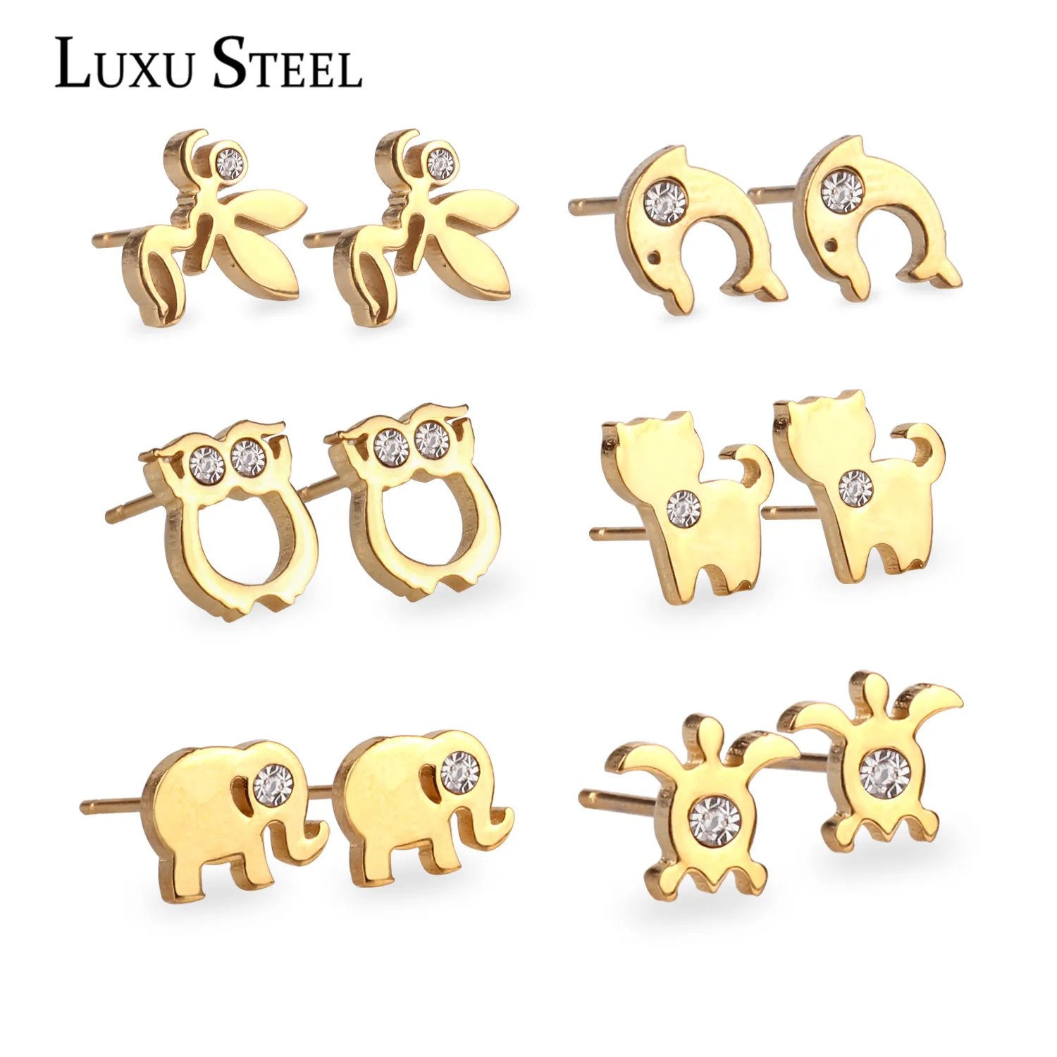 LUXUSTEEL Cute Animals 6Pairs/Boxes Earring Sets Stainless Steel Gold
