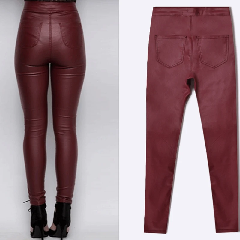 Джинсы женские винно красные зауженные из искусственной кожи|pencil pants|brand pantspants brand