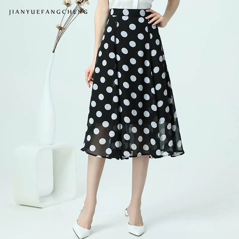 

Polka Dot Chiffon Skirt Women 2019 Summer Knee-Length Thin Skirts Plus Size A Line High Waist Tulle Skirt Midi Casual Woman Jupe