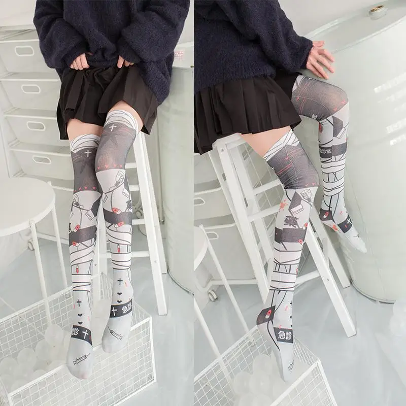 

1 Pair Fashion Sexy Women Stockings 3D Printed Anime Kawaii Black Gray Stockings For Girl Party Cosplay Long Stocking 7H-SW01
