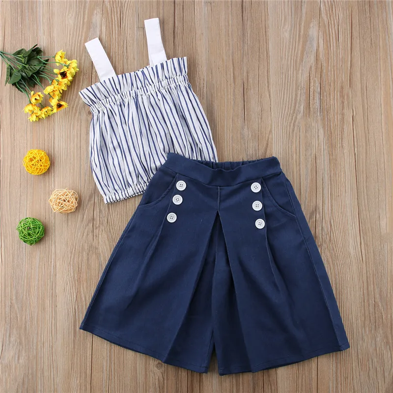 

2018 Fashion Toddler Girls Summer Clothing Set Suspenders Vest Tops+Girls Denim Wide Leg Pants Suit Brand New Children Clothing