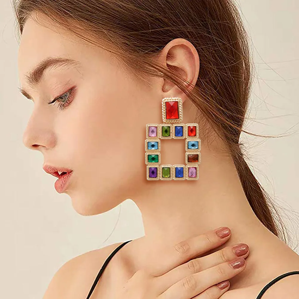 Color Statement Earrings for Women Large Square Crystal Big Earrings