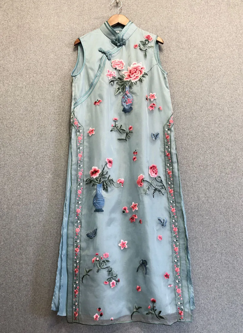 

Women high quality embroidered flower vintage dress New 2019 summer Chinese style elegant dress A279