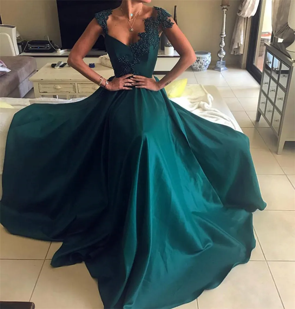 

dark Green Evening Dresses Beaded Lace Satin A Line Long Formal Occasion Dresses Vestidos De Noche Robe Soiree Dubai 2019