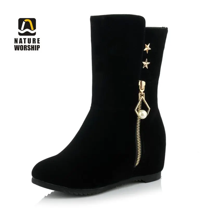 

Winter Women Mid-Calf Boots Plus Size Shoes Flock Height Increasing Zip Zipper Fleeces Inside Solid Fashion Casual Round Toe