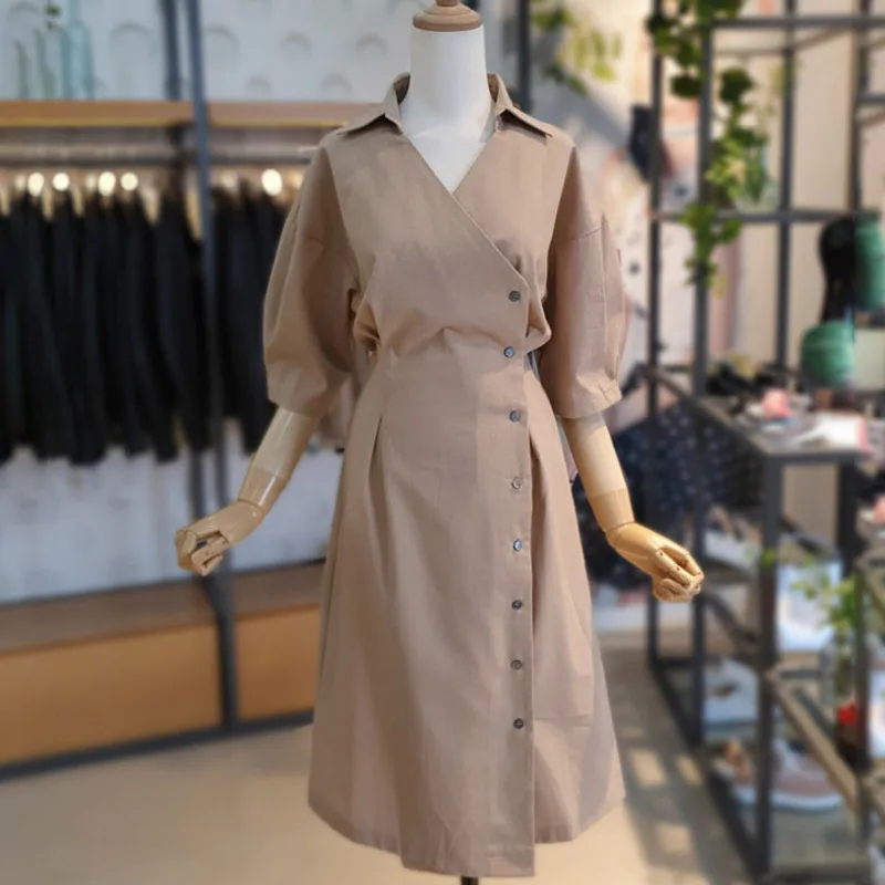

[EWQ] 2019 Summer New Korea Fashion Clothes Short-sleeved High-quality V-neck Tie Linen Dress Loose Casual Women Dresses QJ23704