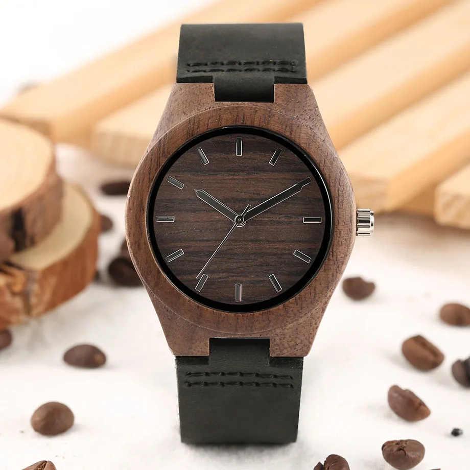 Natural Hand-made Women Wooden Watch Black Genuine Leather Strap Wooden Case Vintage Ladies Quartz Bamboo Wristwatch Gifts (7)