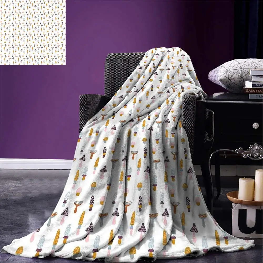 

Mushroom Blanket Autumn Season Fungi Pattern with Different Colors Doodle Swirls and Stripe Motifs Warm Blankets for Beds