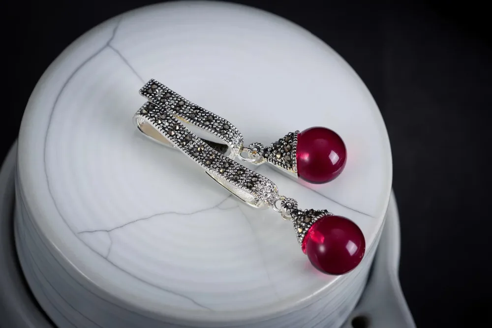 

Genuine 925 Sterling Silver Red Crystal Art Style Marcasite Earrings Brincos Ohrringe Sterling Silver Jewelry Earring