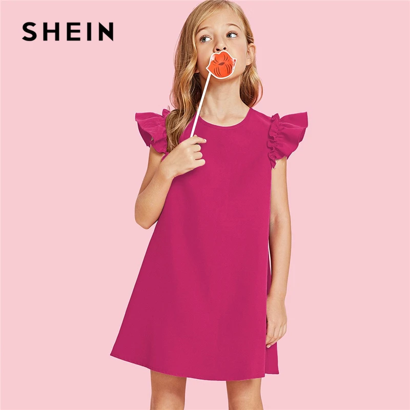 Шеин Красный рюшами проймы трапеции Рождество нарядное платье для девочек одежда зеленый корейский мода Детские платья для девочек