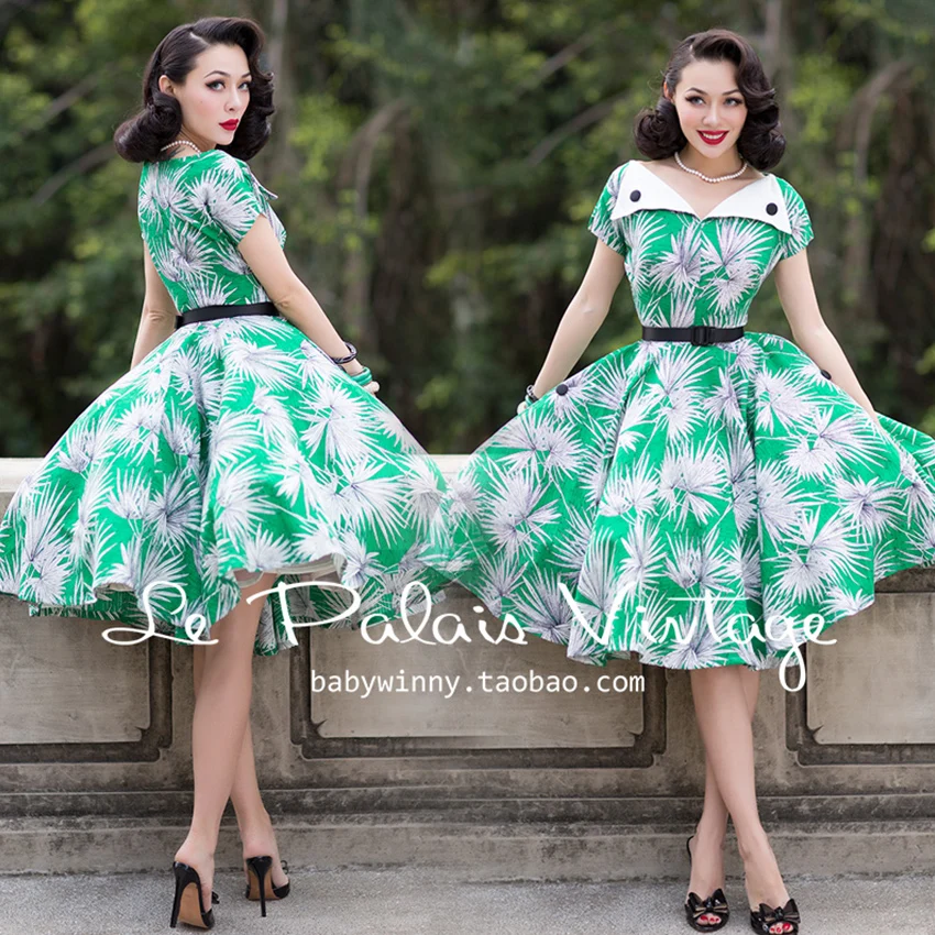 Buy Cheap FREE SHIPPING Le Palais Vintage 2016 Summer New Arrival Elegant Tropical Leaves Turn Down Collar High Waist Tutu Dress Women