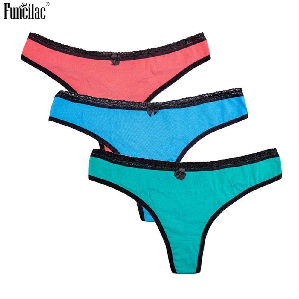 

FUNCILAC Lace Underwear Women Sexy Cotton G-Strings Thongs Brifes Panties Bow Lingerie Solid Comfortable Simple 3Pcs/Lot M L XL