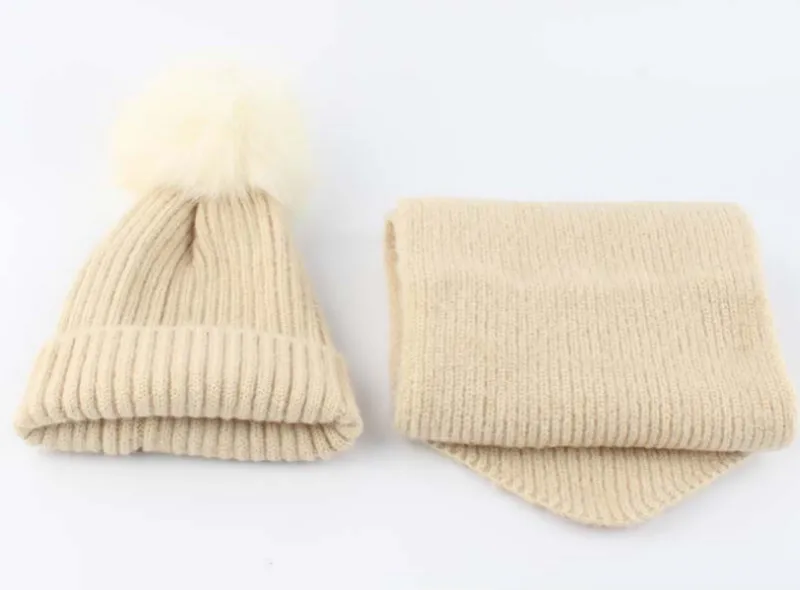 Комплект из настоящего шерстяного шарфа и шапки для маленьких девочек, модная зимняя шапка с помпоном из натурального Лисьего меха, шарф высокого качества, натуральный помпон Лисий мех, зимняя шапка