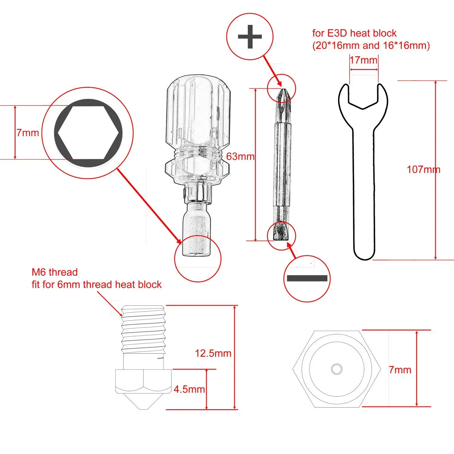 3D сопла для принтера+ 4 DIY Инструменты для J-Head E3D V5 V6 0,2 мм-0,8 мм Насадка для фена для сопла гаечный ключ инструмент для установки
