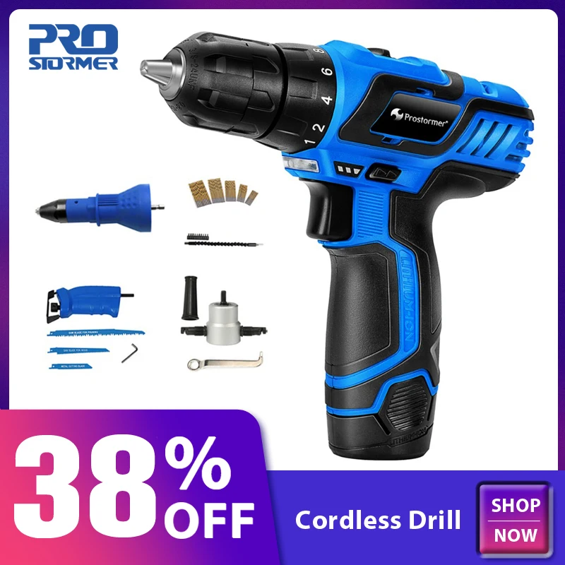 PROSTORMER 12V Cordless Drill 25NM Electric Screwdriver 1h Fast charging Rechargeable Household Mini Power Tools Drill bit Set