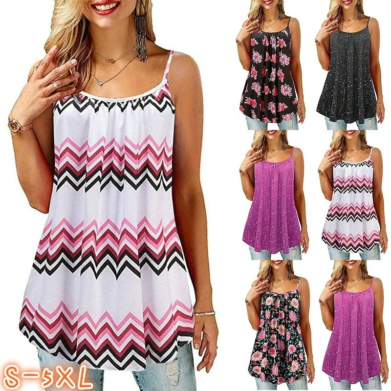 

2019 Summer Plus Size Camis Tank Top for Women Spaghetti Strap Flower Print Sleeveless Casual Top (S-5XL)