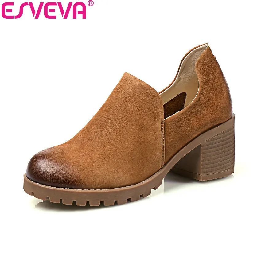 

ESVEVA 2018 Woman Pumps Slip on Round Toe Western Style Spring Shoes Square High Heels Platform Ladies Pumps Shoes Size 34-40